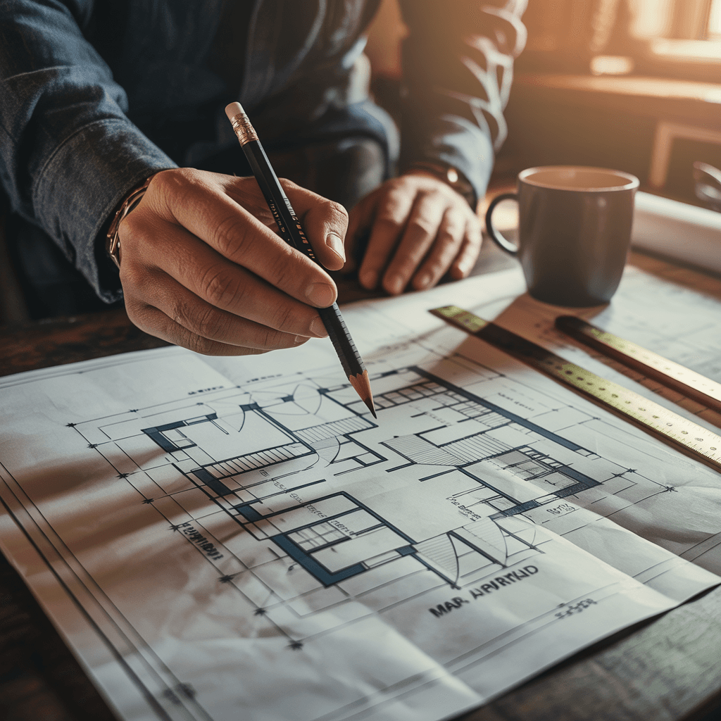 Manos de arquitecto trazando un plano técnico antes de empezar la obra